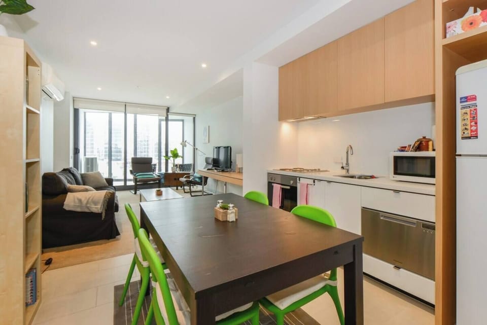 A fully-equipped kitchen has all the modern conveniences including a microwave, fridge, dishwasher, oven, electric cooktop, stove and all the basic cooking utensils