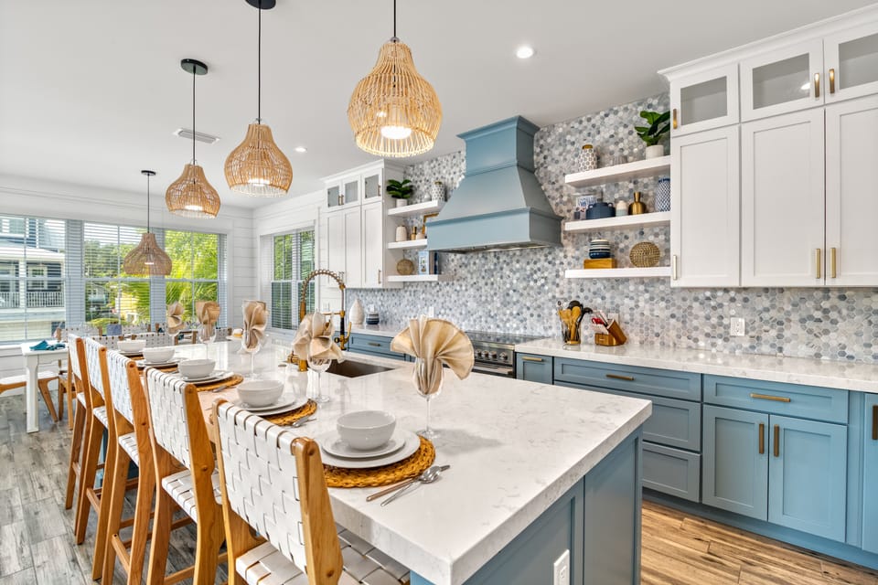 Sleek lighting and polished surfaces make this the perfect spot to sip coffee and plan the day.
