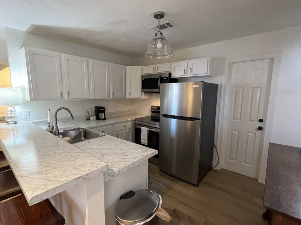 Kitchen area. Fridge, stove, oven, microwave, and dishwasher