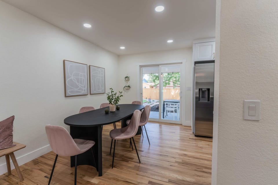 The dining table seats six.