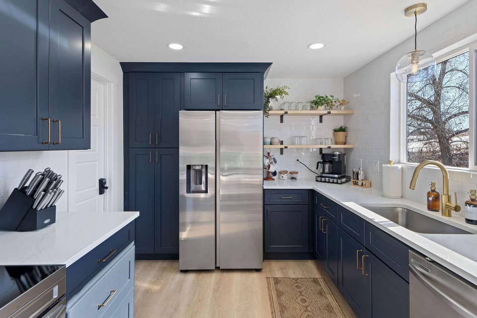 The open kitchen is newly updated.