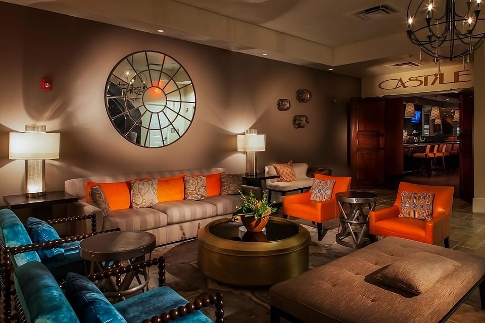 Unwind in the chic lounge with plush seating and glow.