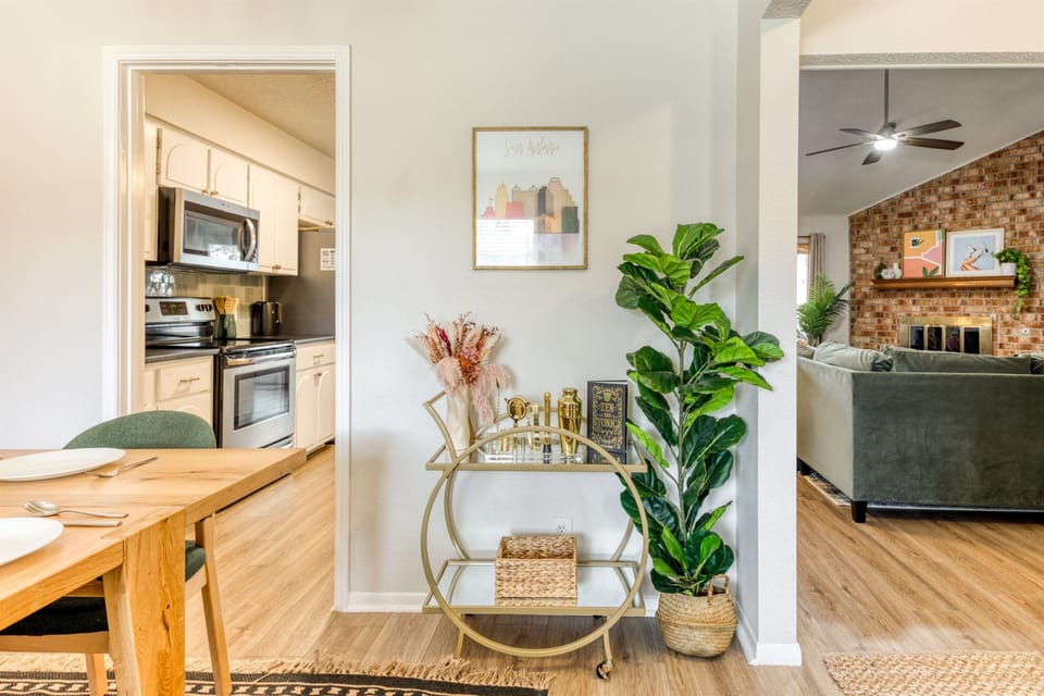 Bar cart in dining room, between kitchen and living room