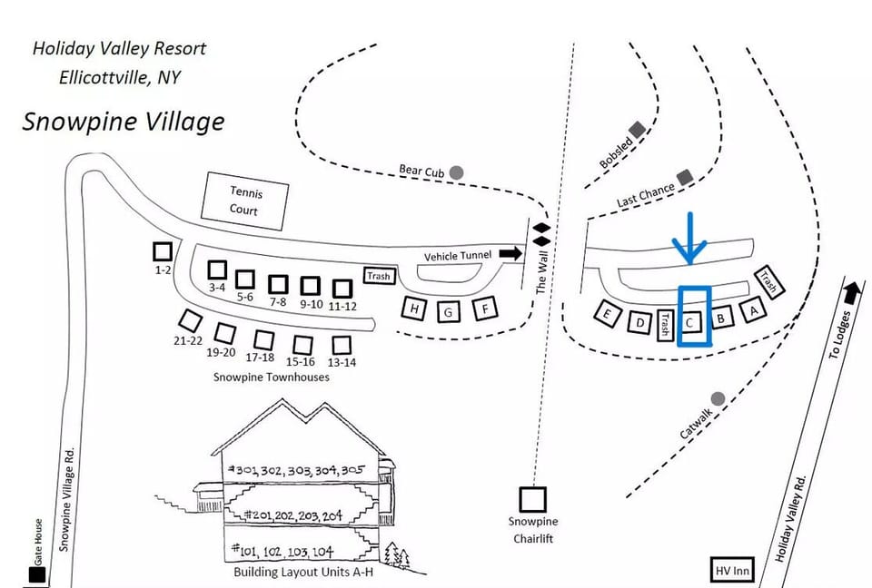 Map of Snowpine showing building location and dumpsters
