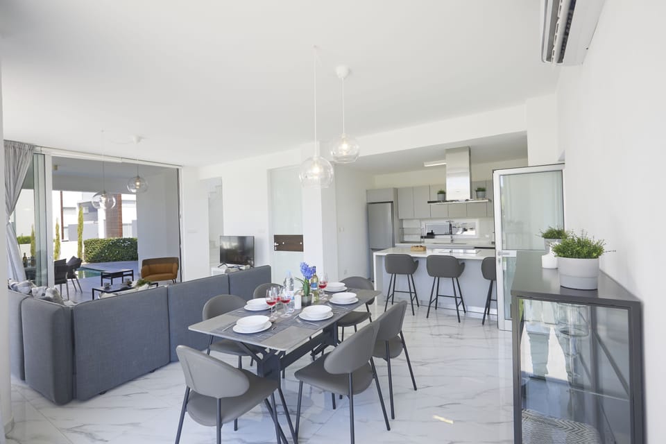 Living room, kitchen and dining area