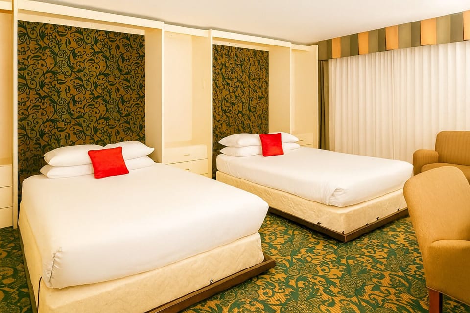 Recharge in a cozy double-queen room with warm lighting.