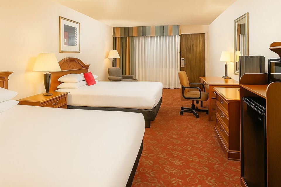 Settle in with two plush beds and a dedicated workspace.