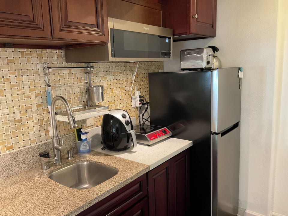 kitchen area, induction, toaster, microwave, refrigerator