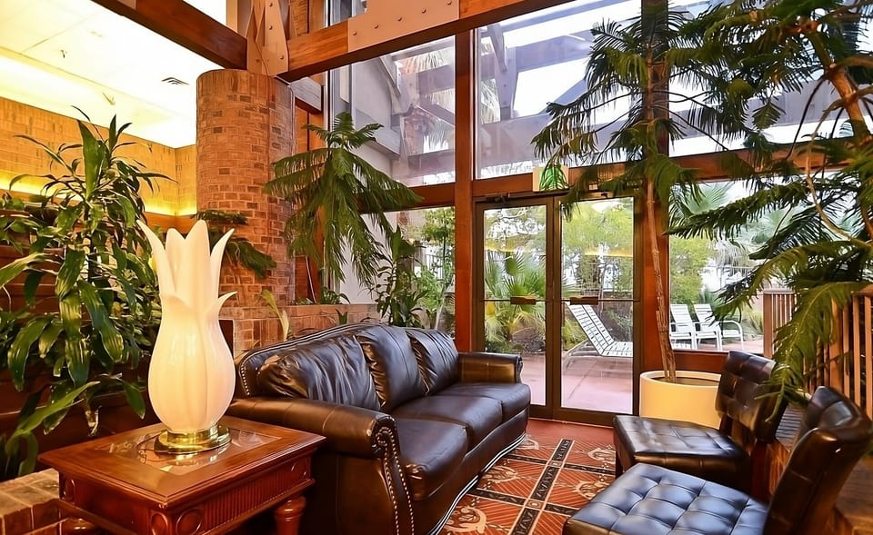 Unwind beneath soaring windows surrounded by lush indoor greenery.