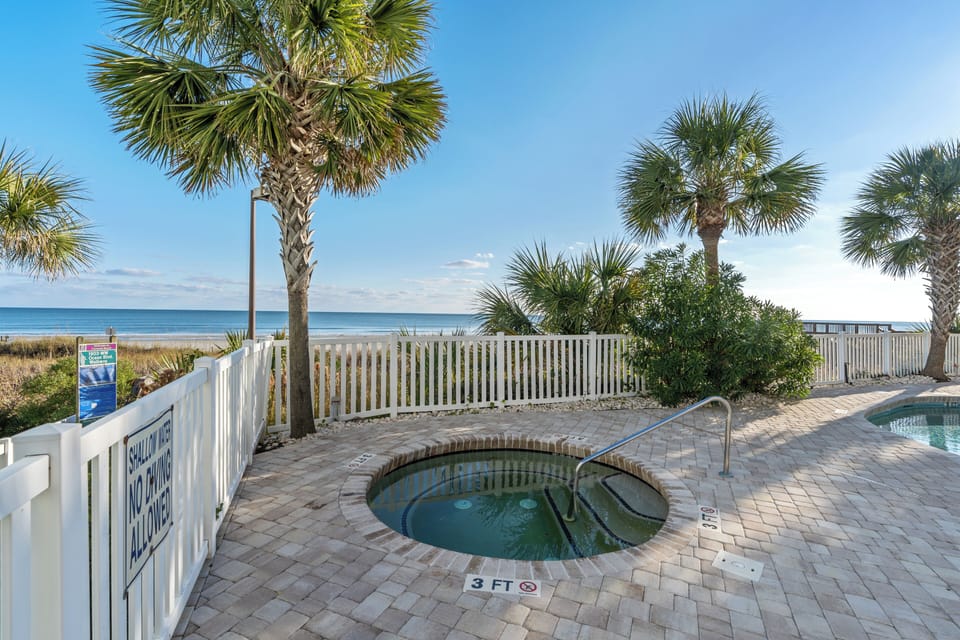 Beachfront hot tub area with palm trees and stunning ocean views