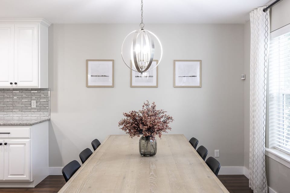 The dining table seats up to 8 people.