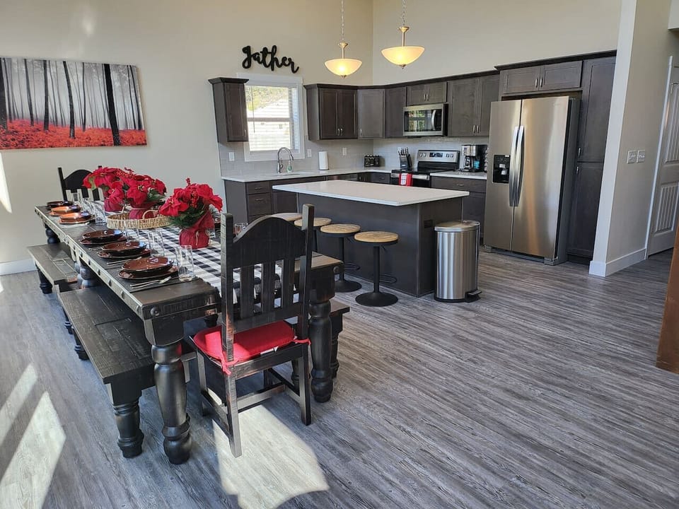 Large open fully stocked kitchen, and coffee station.