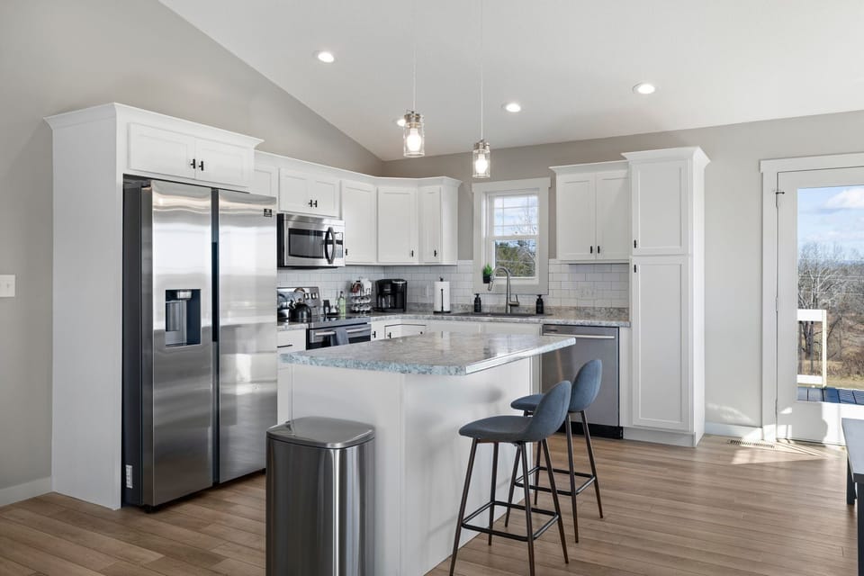 The kitchen has everything you could need to whip up a meal! Pots, pans, cutting boards, blender, cooking utensils, crockpot as well as salt, pepper and cooking oil!