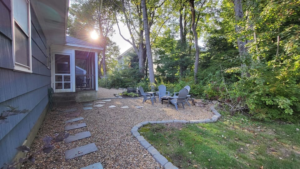 Stone seating area with fire pit