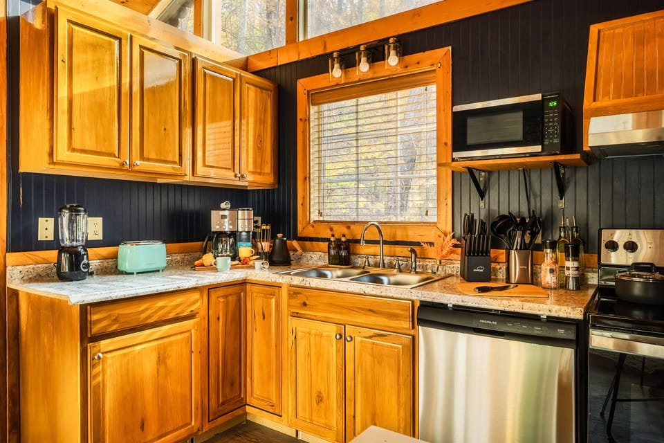 An open, well-stocked kitchen.