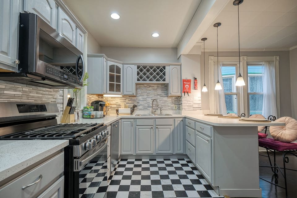 Fully equipped and compact kitchen with victorian style interior