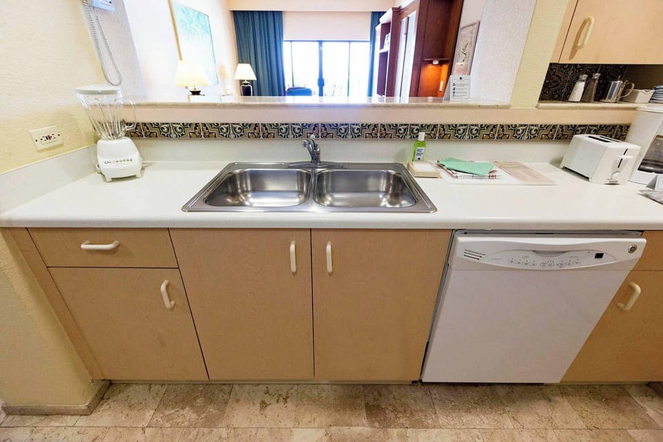 Kitchen with double sink, blender, dishwasher and toaster.