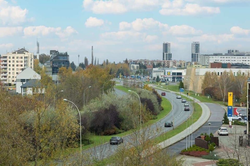 A view of a busy urban road lined with greenery, with modern buildings visible in the distance.

