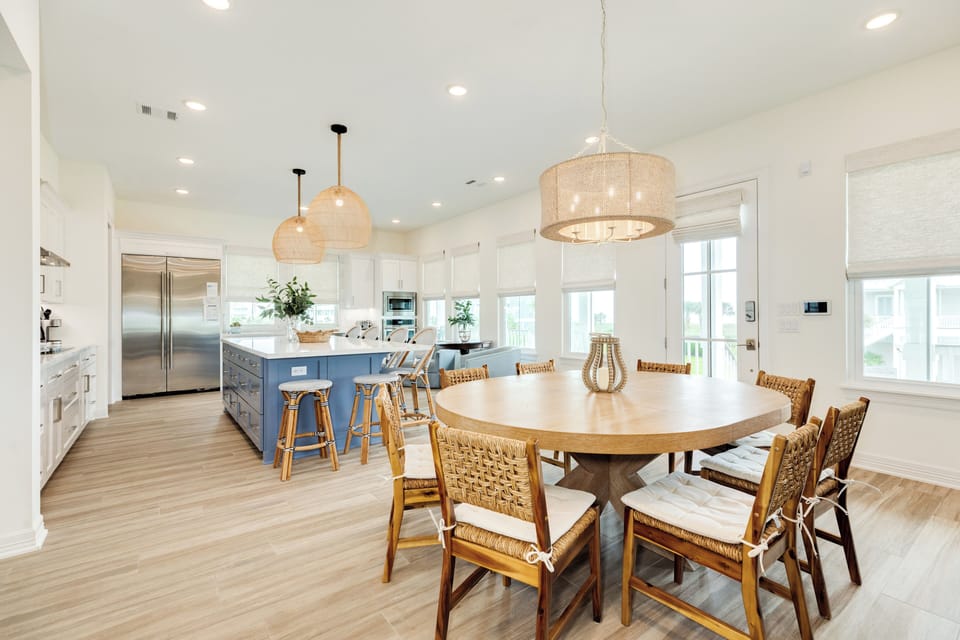Easily serve homecooked meals from the adjacent kitchen
