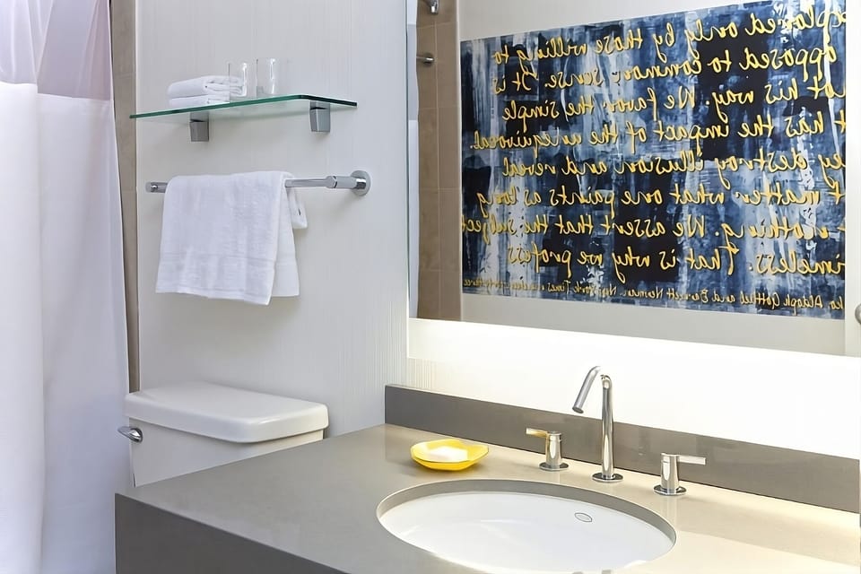 Start your morning at a spacious vanity with bright lighting.