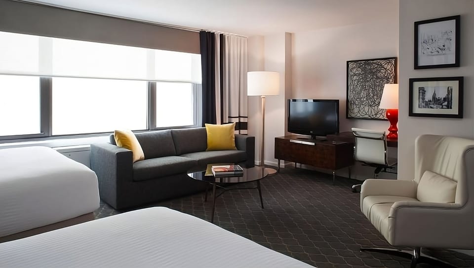Unwind on the sofa after a day exploring downtown.