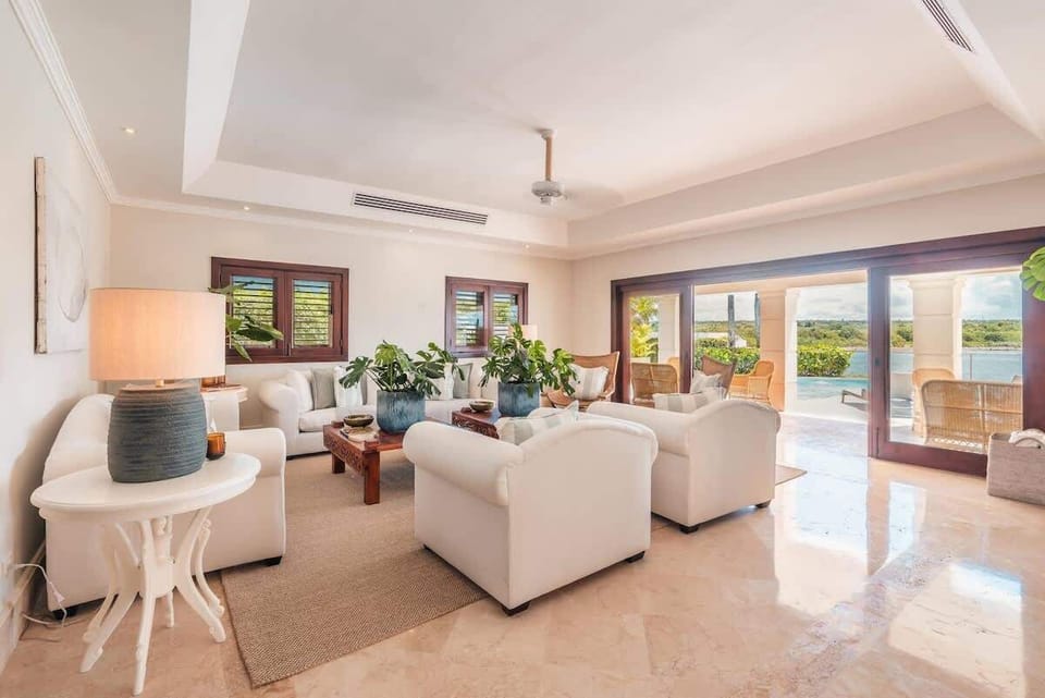 living room with a river view