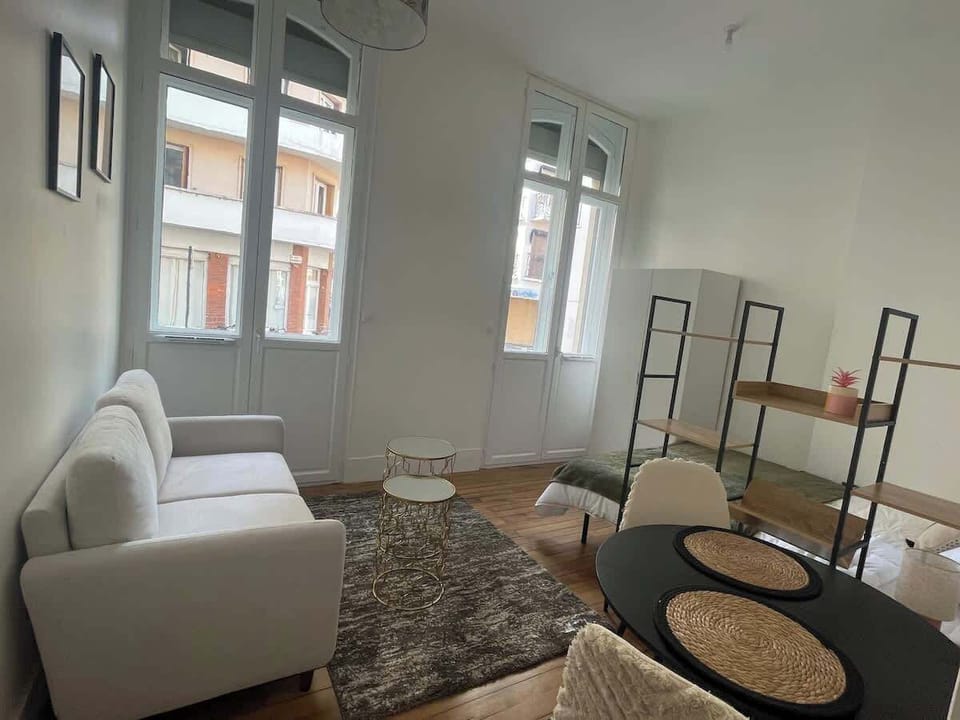 Séjour lumineux avec canapé blanc, grandes fenêtres, table basse et tapis — lumière naturelle dans le studio Le Chill quartier gare Toulouse