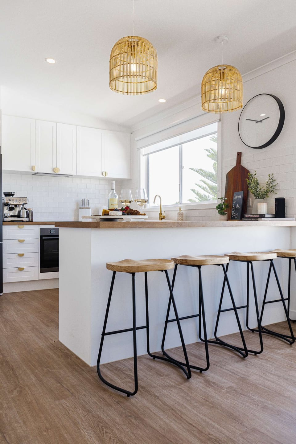 Modern kitchen with fridge freezer, coffee machine, kettle, toaster, sandwich press, rice cooker and everything you need to prepare and entertain for your trip away
