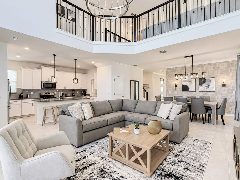 Bright Open-Concept Living Room with Kitchen and Dining Area