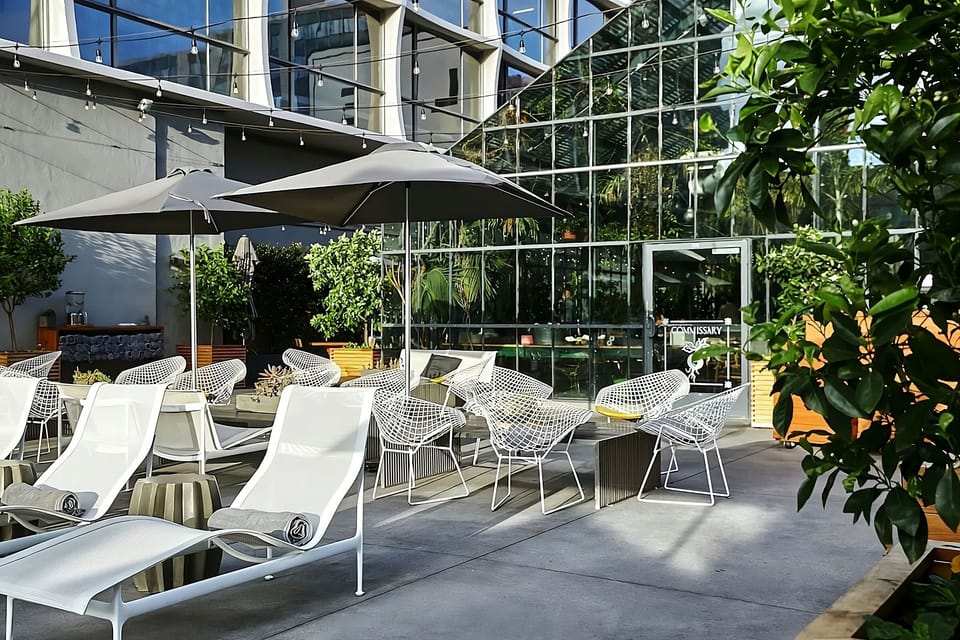Unwind in the leafy courtyard with loungers and café seating.