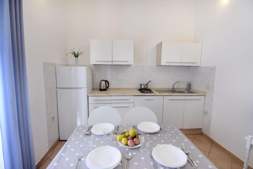 The kitchen with a kettle, two-burner gas stove, refrigerator with freezer area