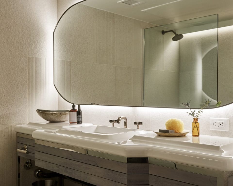 Refresh at a glowing double vanity with spa-like finishes