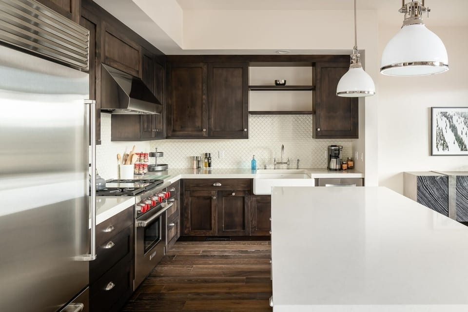 Indoors, Kitchen, Kitchen Island, Refrigerator, Microwave