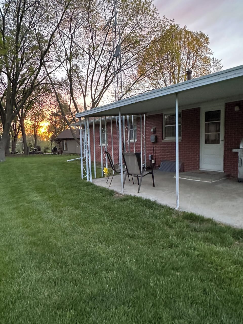 Backyard has covered patio with large treed area for kids to play.