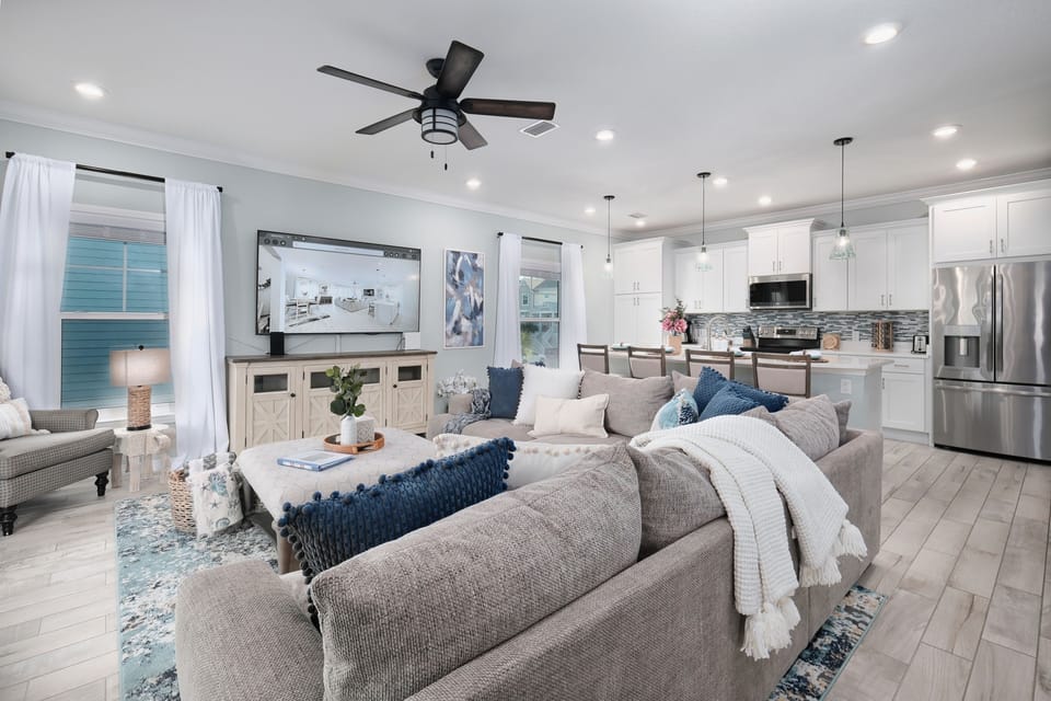Cozy up on the large sofa and enjoy streaming from large smart TV