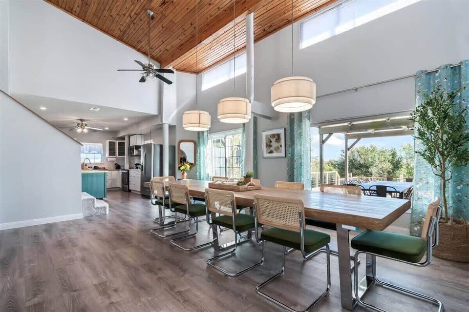 The dining room table seats 10 and is the perfect place for a family meal or a board game night!