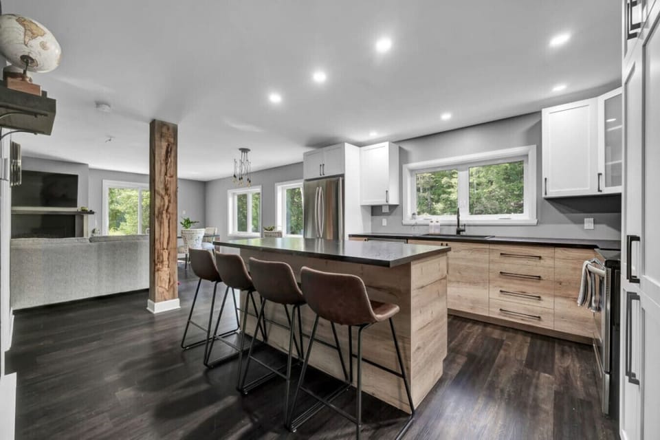 Modern kitchen island with bar seating for four.