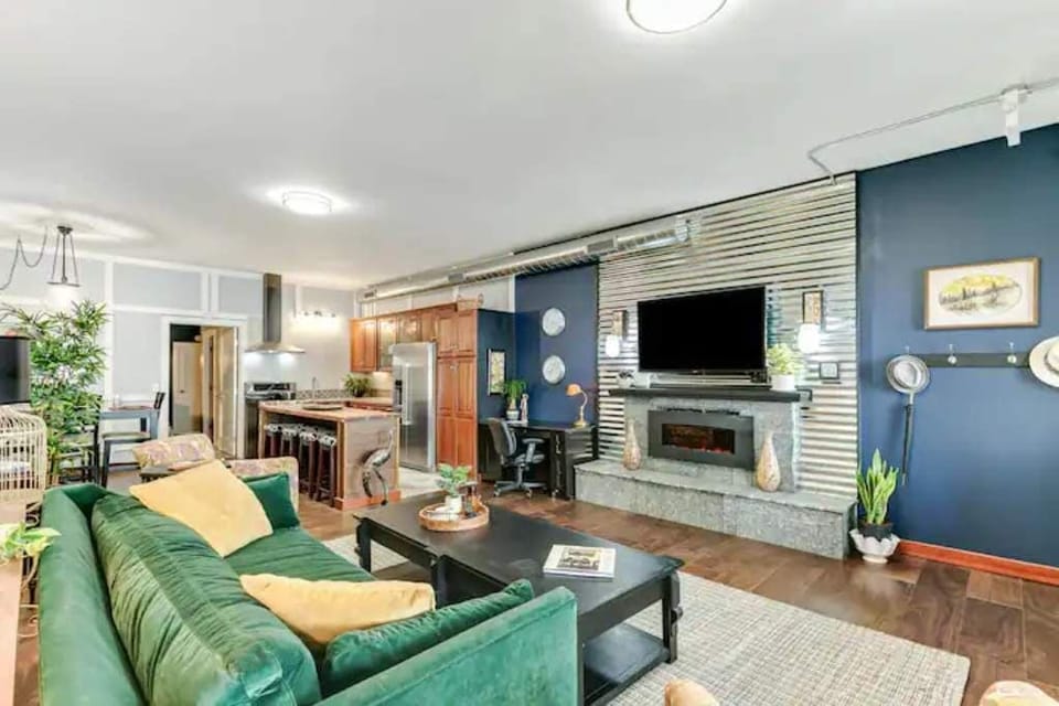 Layers of light plus a fireplace and large smart TV with Netflix, Hulu and more