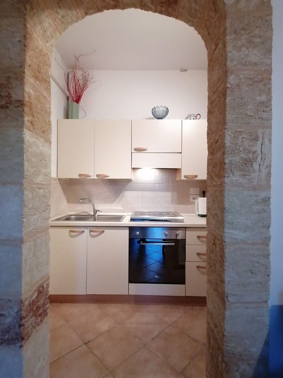 angolo cottura con piano cottura forno, frigo e freezer