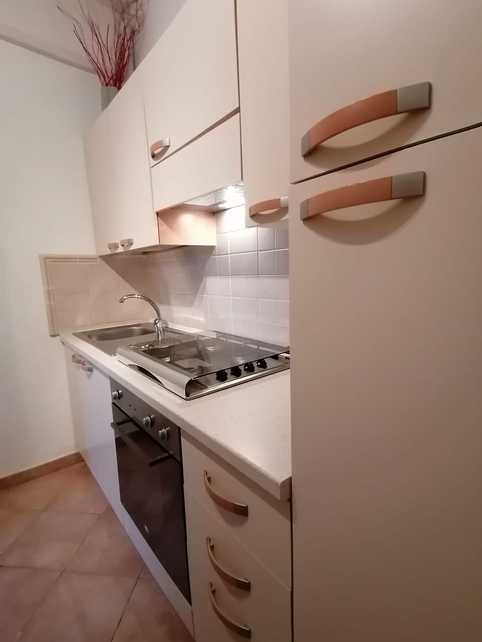 angolo cottura con piano cottura forno, frigo e freezer