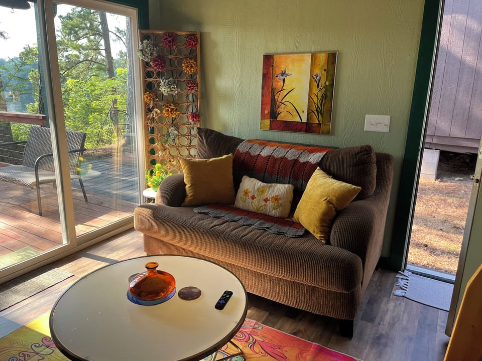 Living area looking out to deck