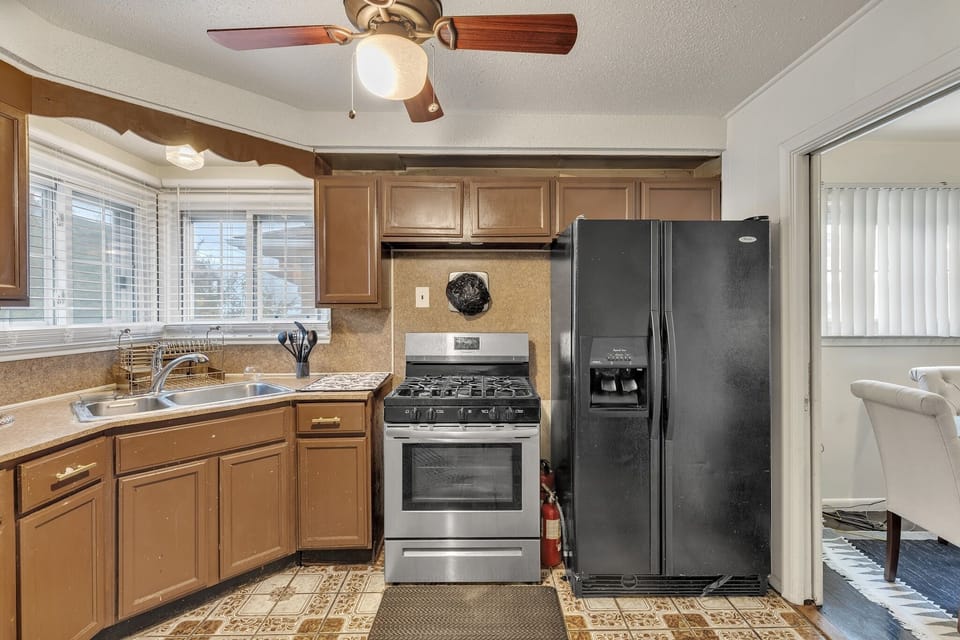 Indoors, Kitchen, Refrigerator, Ceiling Fan, Sink