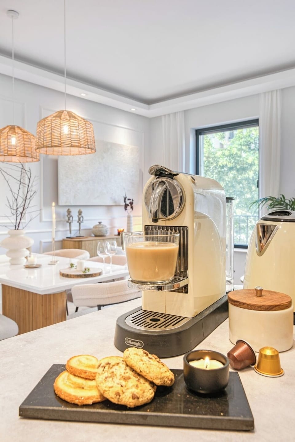 Nespresso Machine with coffee capsules and tea provided