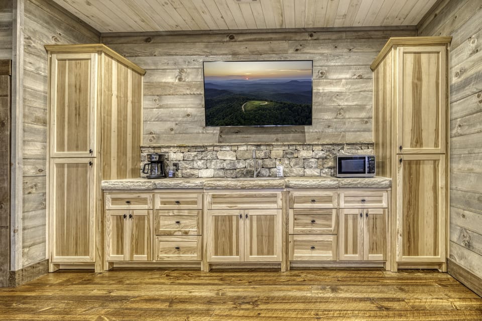 A coffee bar to start the day, games in the cabinets for endless fun.