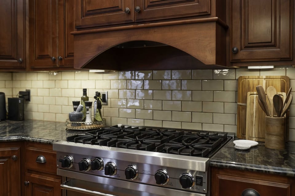 High-end appliances for our guests use. Viking professional cooktop and oven combo, Viking microwave and refrigerator, and Bosch dishwasher.