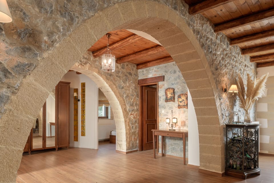 The living room is bright and filled with natural materials.