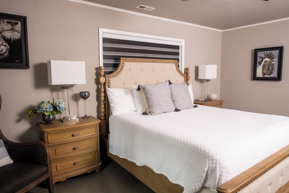 Spacious master bedroom with king bed and master bath.