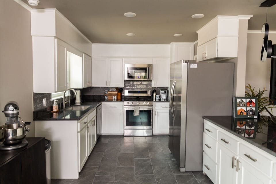 Kitchen is outfitted with all the necessities to whip up a speedy bite or hearty meal.