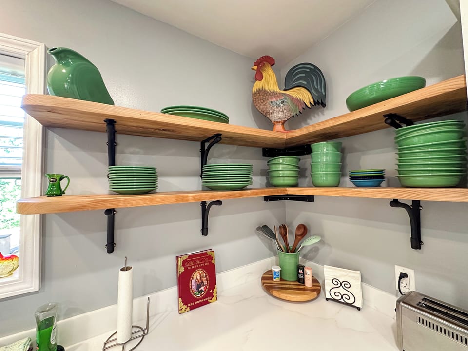 Hand made shelves.  Fiesta Ware (made in WV!!)
