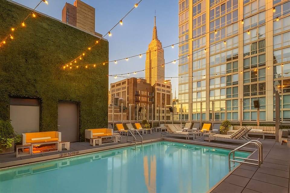 Soak up city views while lounging poolside at sunset.